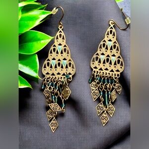 Antique Gold Bohemian Teardrop Earrings with Intricate Filigree Design